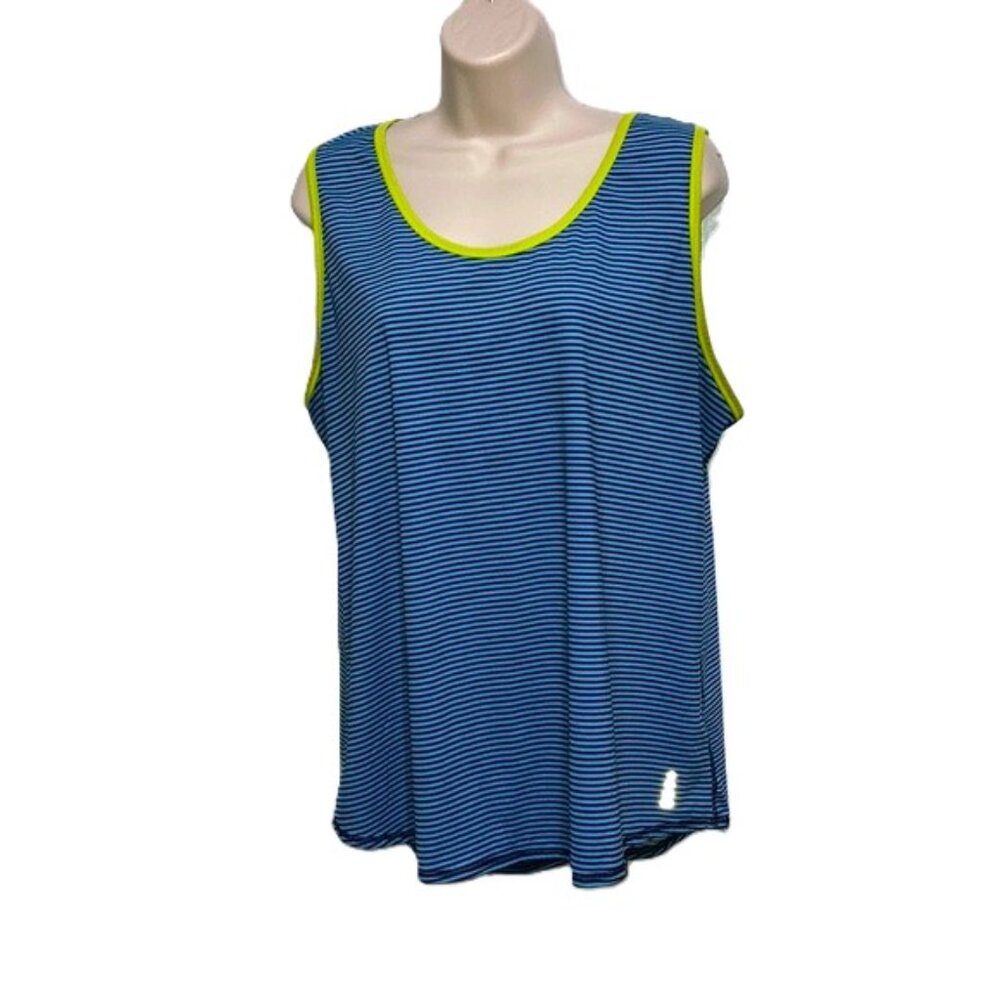 LANDS END Tank Top Blue Stripes Highlighter Yellow Sleeveless Womens XL
